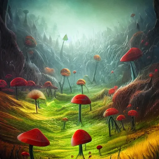 Image similar to surreal fungal realm, multidimensional, fantasy, trending on artstation, beautiful, landscape, weird, valley, field, liquid