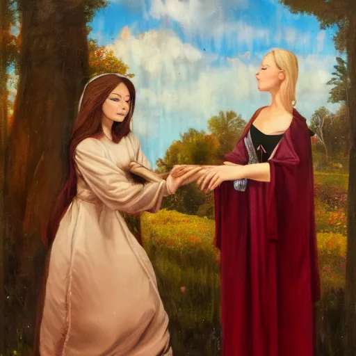 Image similar to conniving mage bewitches breathtaking demure maiden, oil on canvas