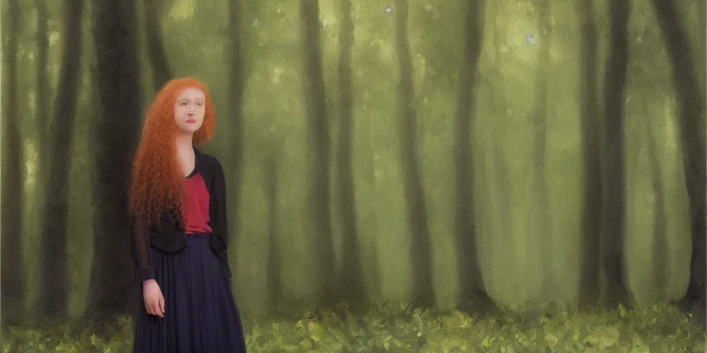 Prompt: a strawberry blonde frizzy haired teenage girl in a floor length black skirt and a short sleeved green blouse stands in a dark forest dimly lit by blue light, oil painting, pixellated