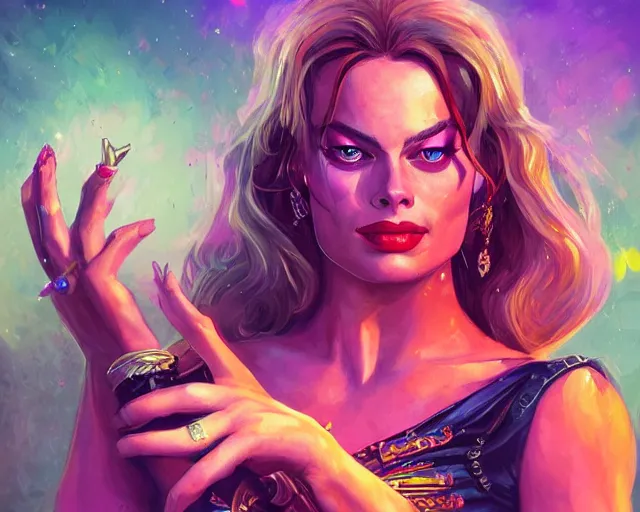 Prompt: margot robbie as a strong fantasy magician who does magic, colorful spells, fantasy art, in the style of Fernando Juarez, illustration, epic art, fantasy, intricate, elgant, amazing detail, digital painting, artstation, concept art, smooth, sharp focus