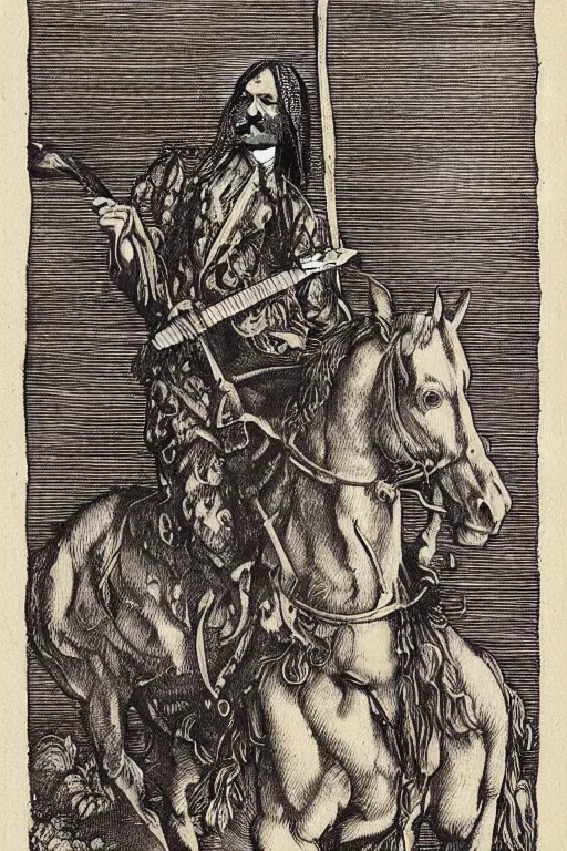 Prompt: 'A woodcut print of Frank Zappa playing the guitar whilst riding a horse, by Albrecht Dürer'