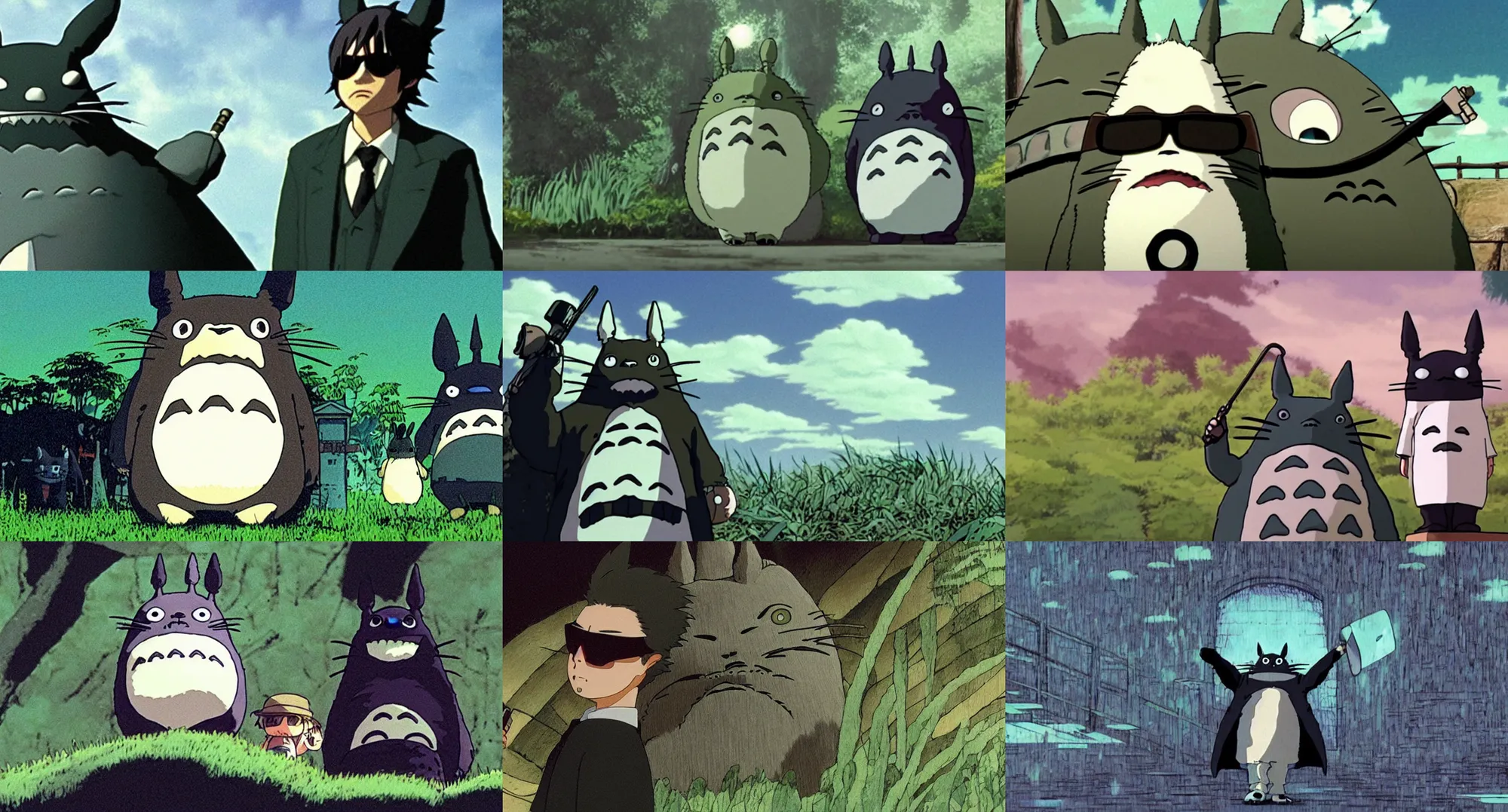 Prompt: award - wining extreme wide shot movie still of totoro as neo in the matrix, wearing sunglasses and a black trenchcoat, by studio ghibli, high detail