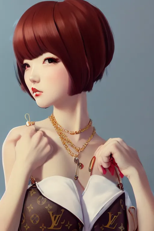 Image similar to a pin up and beautiful fashion charming dreamlke japan girl with lv jewelry, character art, art by wlop and and ilya kuvshinov, hyperdetailed, 8 k realistic, symmetrical, frostbite 3 engine, cryengine, dof, trending on artstation, digital art