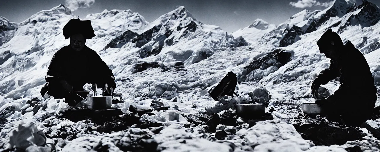 Prompt: the best chef in the world making a meal on top of mount everest, canon 5 0 mm, cinematic lighting, photography, retro, film, kodachrome