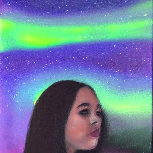 Image similar to portrait painting, aurora borealis background