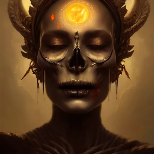 Prompt: a beautiful portrait of skull goddess with closed eyes by greg rutkowski and raymond swanland, dark background, trending on artstation, ultra realistic digital art