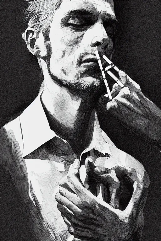 Image similar to hyperdetailed portrait of a man smoking a cigarette, by nicholas delort, artstation, smooth, graphic black and white. intricate, elegant, central composition, golden ratio,