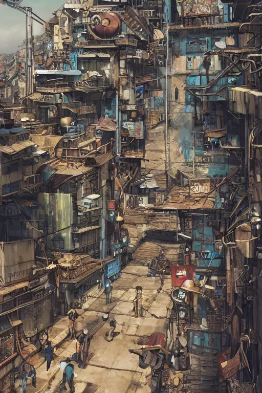 Prompt: a industrial STEAMPUNK CITY Street scenery in the FAVELAS, signs and billboards Connecting MULTI LVL BUILDINGS, style of tekkon kinkreet, , rendered by myazaki, Makoto Shinkai, syd meade, environment concept, digital art, starwars, Gundam Style, unreal engine, 3 point perspective, WLOP, trending on artstation, low level, 4K UHD image, octane render,