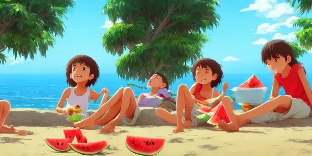 Prompt: a wholesome animation key shot of kids eating watermelon and popcorn at a tropical beach, medium shot, waist up, studio Ghibli, Pixar and Disney animation, sharp, very detailed, high resolution, Rendered in Unreal Engine 5, anime key art by Greg Rutkowski, Bloom, dramatic lighting