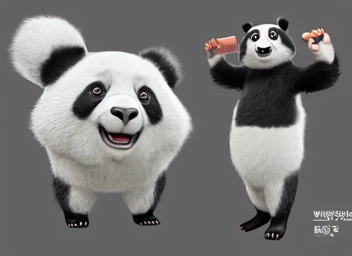 Prompt: award - winning detailed concept art of a cute iconic anthropomorphic panda character. art by wlop on bcy. net, realistic. detailed feathers, art by cheng yi. artstationhd, artgerm, 3 dcg, pixar zootopia. 3 d rendering, high quality model sheet, disney. model sheet detailed