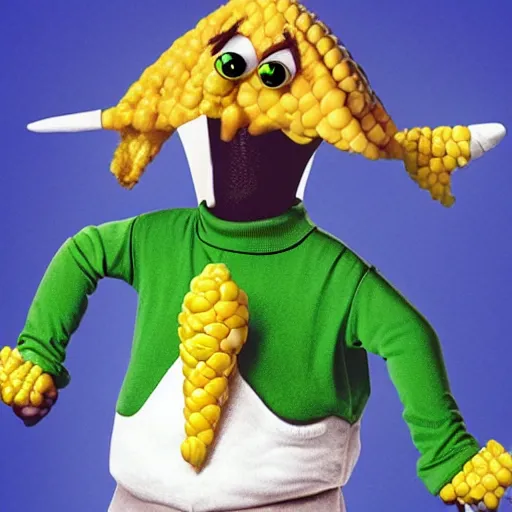 Image similar to a photoreal image of doug from the tv show doug as anthropomorphic corn.