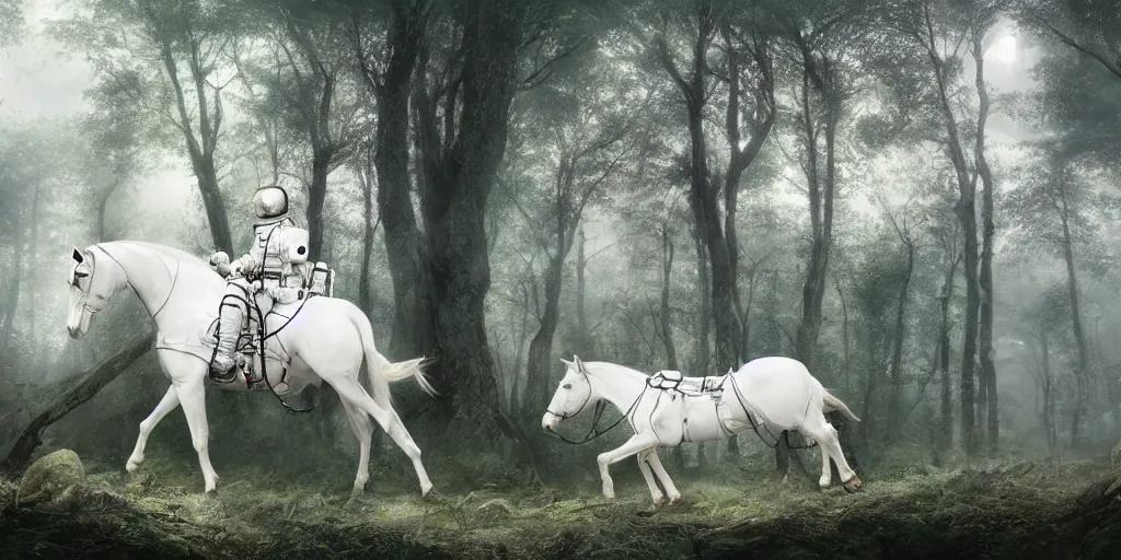 Image similar to an astronaut resting, a white horse tied to a tree, forest, a detailed matte painting by frieke janssens, featured on cgsociety, fantasy art, matte painting, reimagined by industrial light and magic, matte drawing