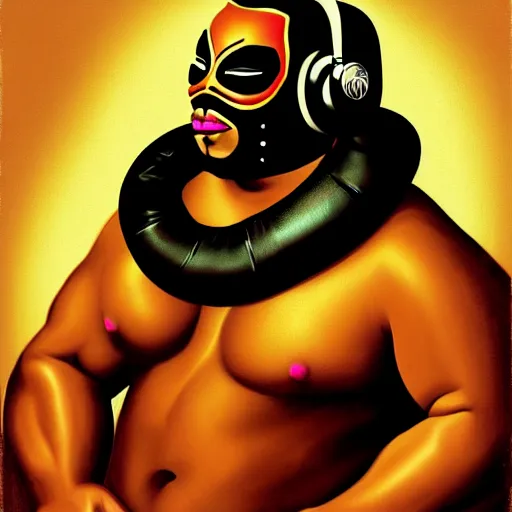 Image similar to portrait of lucha libre dj, muscular, headphones, thick golden ring around the neck, fantasy, intricate, elegant, highly detailed, digital painting, artstation, concept art, smooth, sharp focus, illustration, art by tom of finland
