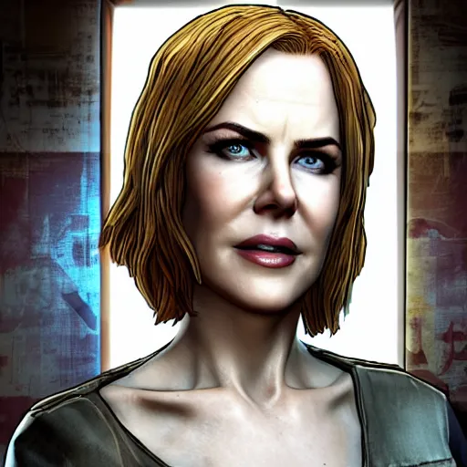 Image similar to nicole kidman portrait, borderlands, tales from the borderlands, the wolf among us, comic, cinematic lighting, studio quality, 8 k