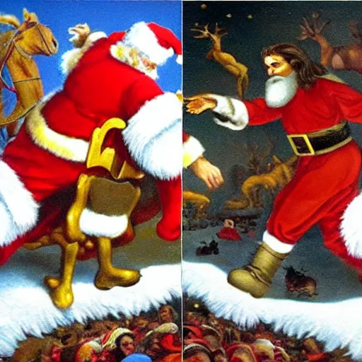 Image similar to Santa Claus vs. Jesus in an epic battle