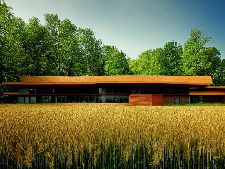 Prompt: hyperrealism design by frank lloyd wright photography of beautiful detailed eco house around the forest in small ukrainian village by taras shevchenko and wes anderson and caravaggio, wheat field behind the house