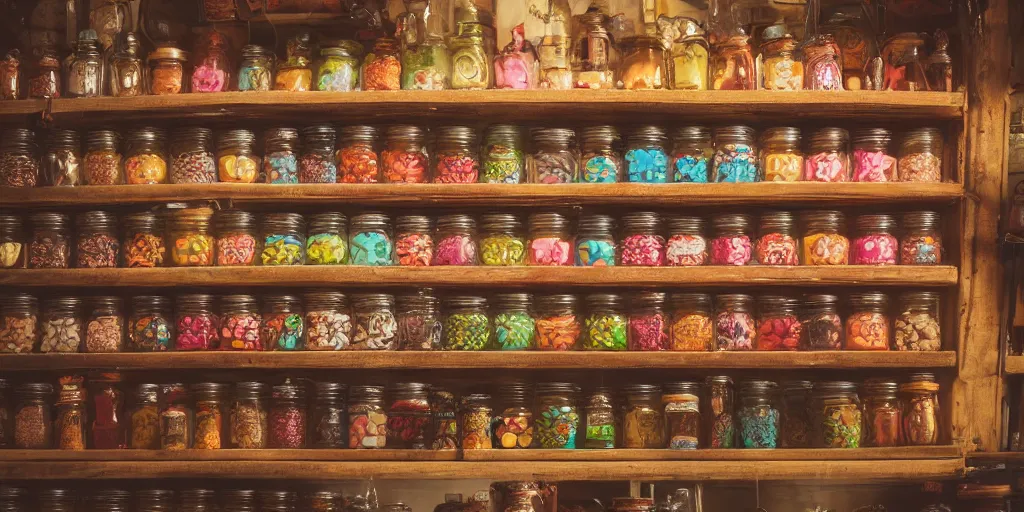 Prompt: Inside an old sweet shop, large jars on shelves with labels, fantasy vendor interior, wide angle, cinematic, highly detailed, photorealistic, rich bright colors, trending on artstation