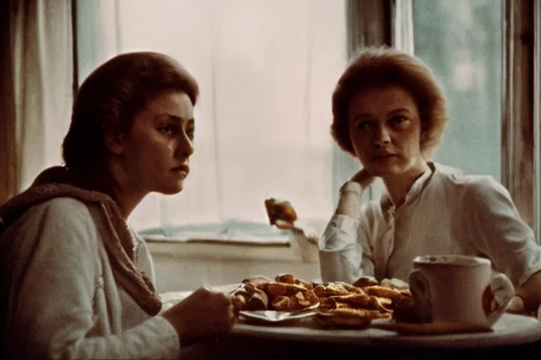 Image similar to soviet movie still a soviet woman sitting at a table next to the window with food, dark warm light, a character portrait by margarita terekhova, movie stalker solaris film still by andrei tarkovsky, 8 k, 1 9 8 4, close - up bokeh, gelios lens, color, noir