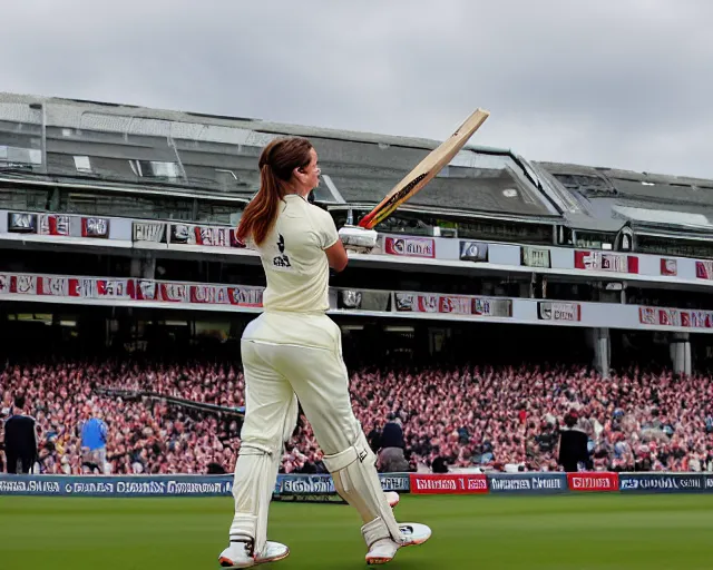 Image similar to emma watson opens the batting for england at lord's cricket ground, sports photography, bokeh, dramatic, filmic