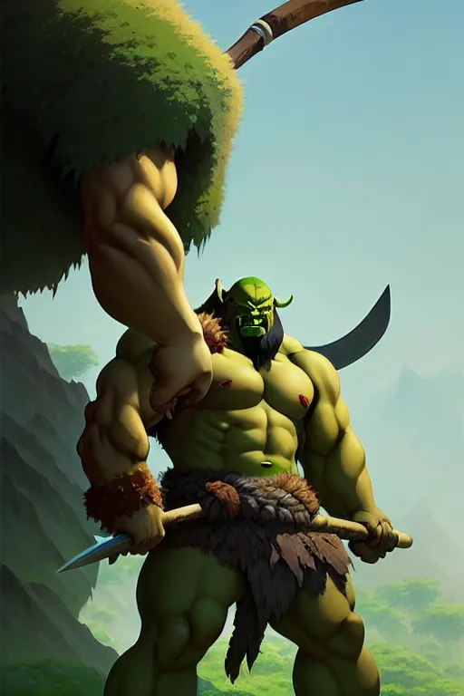 Image similar to orc barbarian male, green skin, exquisite details, big axe, earth magic, mid view, design on a white background, by studio muti, greg rutkowski makoto shinkai takashi takeuchi studio ghibli