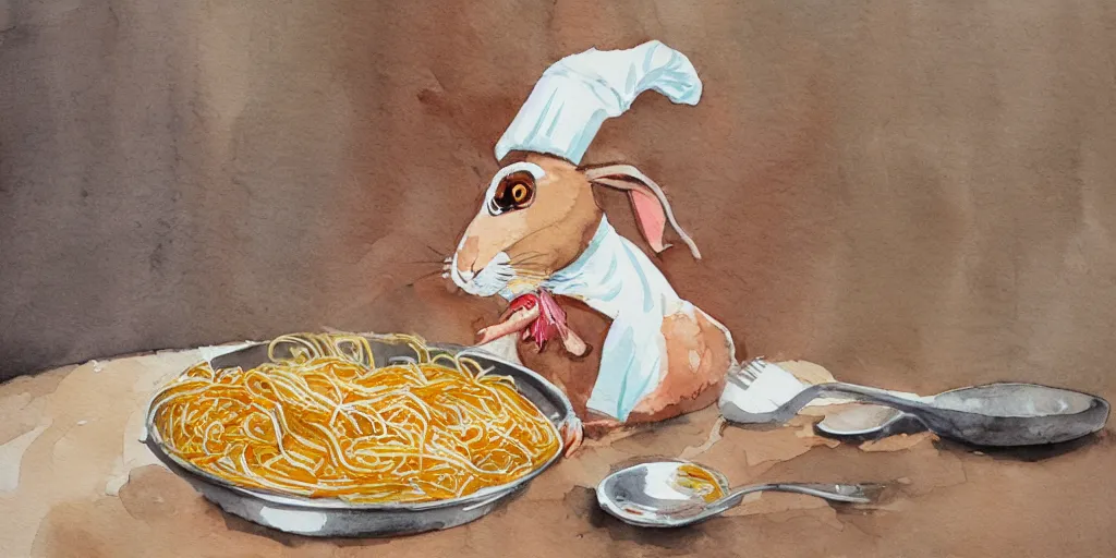 Prompt: a rabbit dressed as a chef cooks spaghetti bolognese in a french kitchen, watercolour