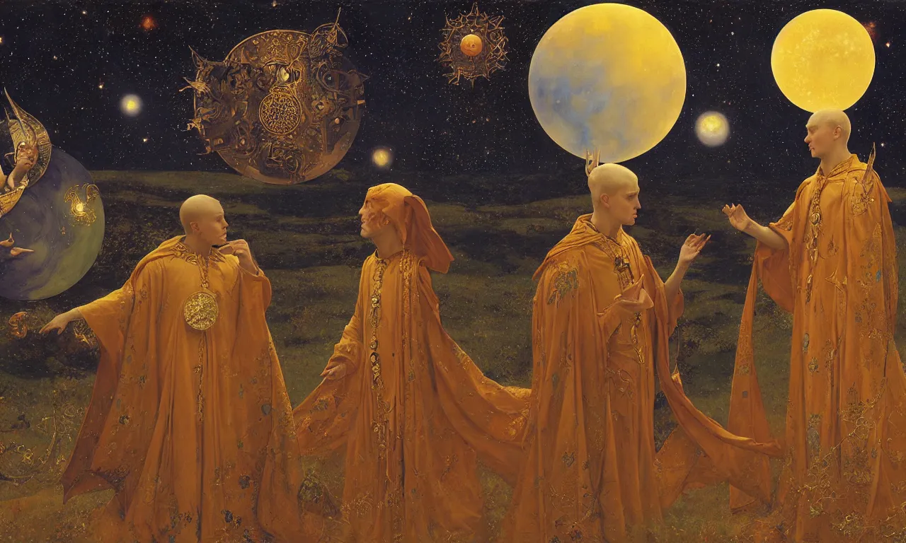 Prompt: sun king and moon prince in the cosmic court of mystical astronomy, art by james c. christensen and thomas cooper gotch