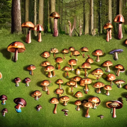 Prompt: Aliens in the shape of mushrooms being harvested by hippies in the woods, with UFO flying around, realistic