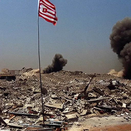 Prompt: iraq in 2 0 0 3 being destroyed by rockets, american flag somewhere »