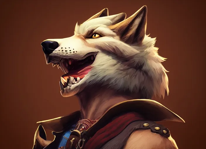 Image similar to character portrait icon of the anthro male anthropomorphic wolf fursona wearing cowboy outfit wild west desperado character design stylized by charlie bowater, ross tran, artgerm, and makoto shinkai, detailed, soft lighting, rendered in octane