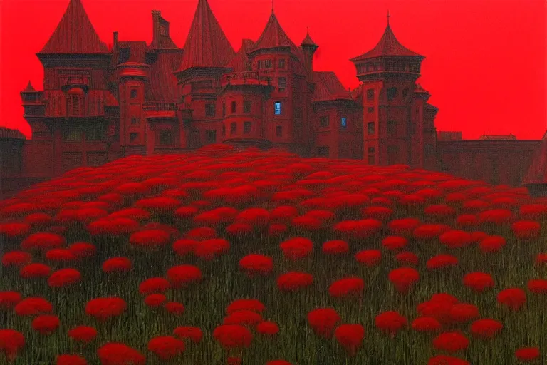 Image similar to only with red, red flowers of different types, red castle in background, red medieval goblins, in the style of beksinski, parts by edward hopper, parts by rodcenko, parts by yue minjun, intricate and epic composition, red by caravaggio, insanely quality, highly detailed, masterpiece, red light, artstation, 4 k