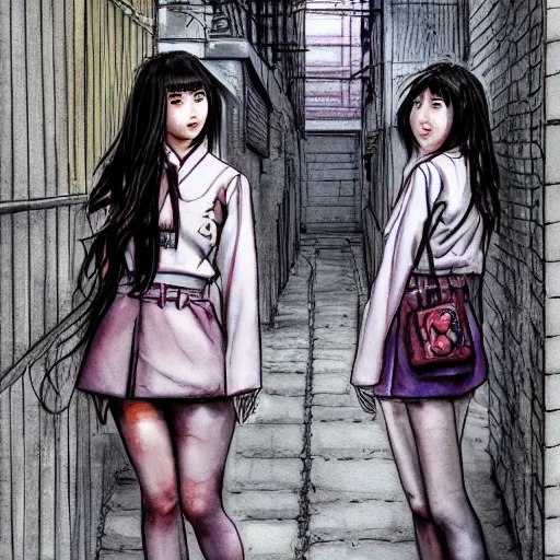 Prompt: a perfect, realistic professional digital sketch of a Japanese schoolgirls posing in a cyberpunk alleyway, style of Marvel, full length, by pen and watercolor, by a professional American senior artist on ArtStation, a high-quality hollywood-style sketch, on high-quality paper