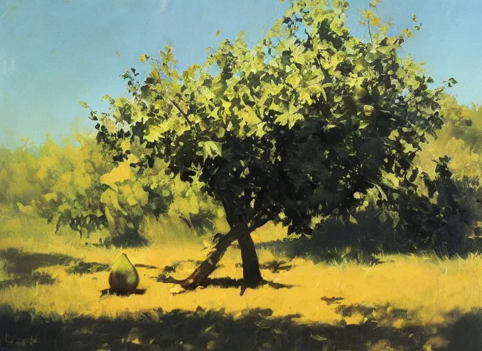 Prompt: oil painting of translucent pears on tree by greg manchess, backlit leaves by anders zorn, landscape by greg rutkowski