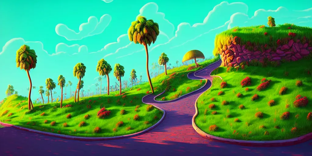 Image similar to curled perspective digital art of curly clouds cobblestone street with wildflowers to a casino in top of a hill with curly palmtrees by anton fadeev from nightmare before christmas