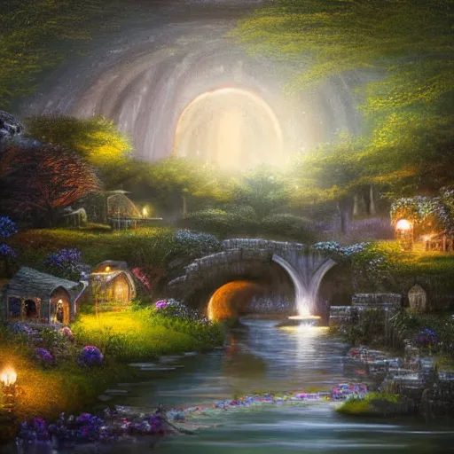 Prompt: painting, high detail, woodland village, in the night, fantasy, crescent moon, stone paths, bridge, water stream, luminous, toadstools, fireflies, fantasy,, flowers, waterfall, lanterns, mist, highly detailed painting, fine lines, 8 k realistic, sharp focus