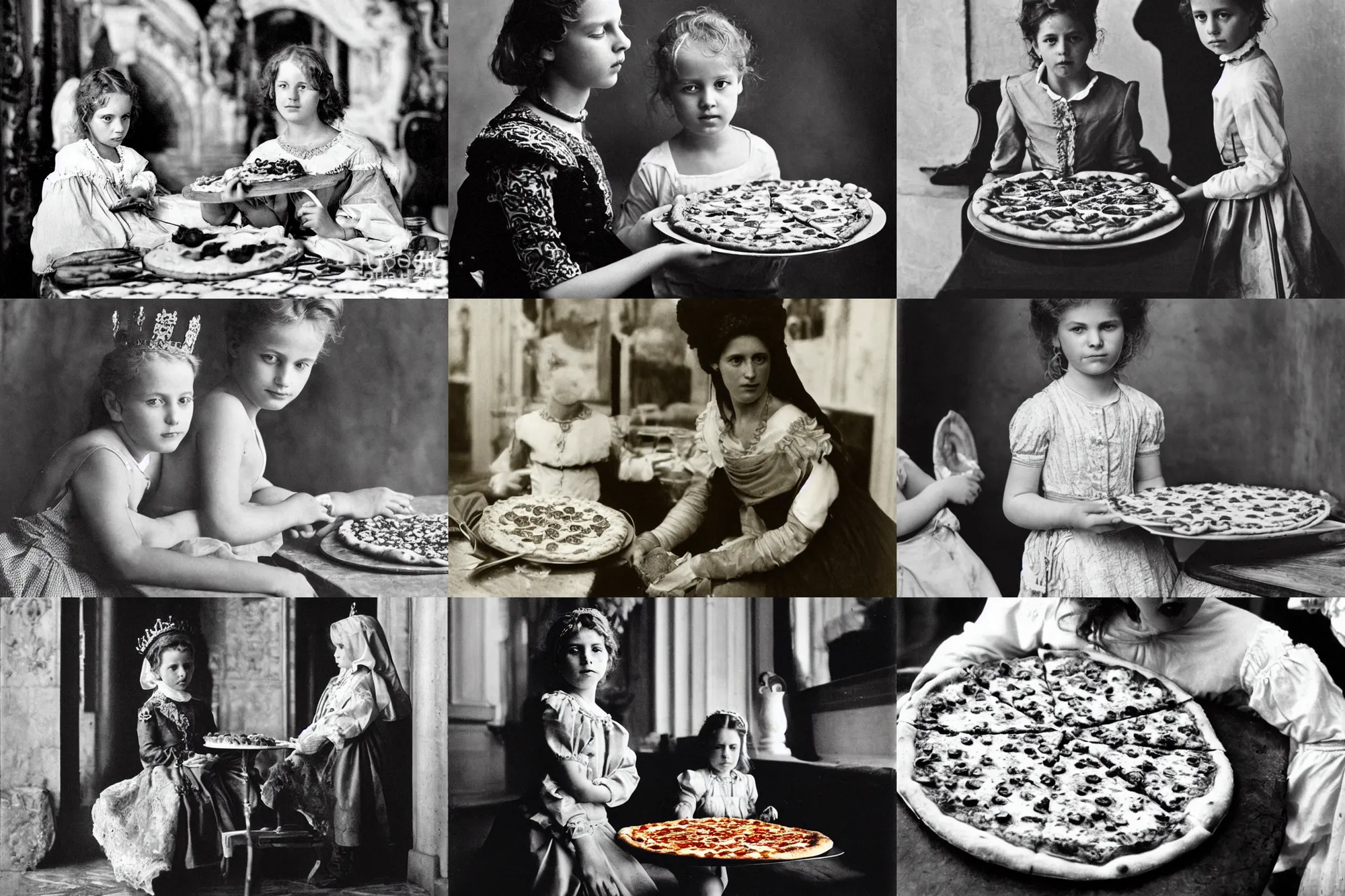 Prompt: sharing a pizza, young sophia, royal queen margherita of italy, smooth lighting, exquisit detail, masterpiece, timeless, 1 8 9 0 photo by letizia battaglia