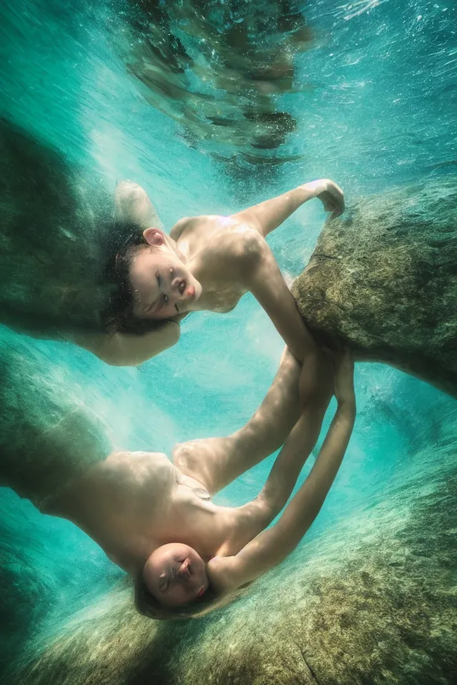 Prompt: underwater looking up, human woman model swimming in large tall rock trench , toward the sun rays and caustics, film , cinematic, underwater photography, low angle view