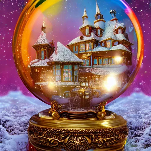 Image similar to in a snowglobe is a golden and red rocococastle with unicorns and snow falling, rainbow colored, sparkels, insanely detailed, 8 k, 3 d, masterpiece