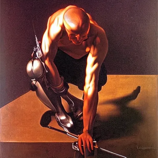 Image similar to painting by caravaggio!! male cyborg body profile cyberpunk neon metal glow red purple black