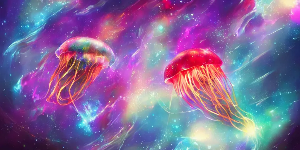 Image similar to Beautiful multi colored jellyfish in space, nebula, gorgeous, amazing, elegant, intricate, highly detailed, digital painting, artstation, concept art, sharp focus, illustration, art by Ross tran