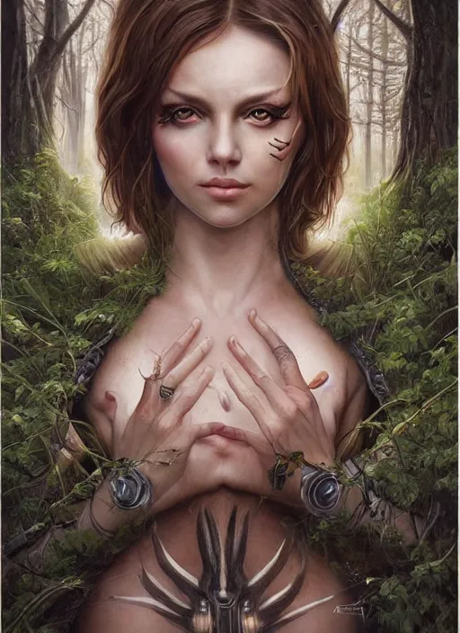 Image similar to a highly detailed symmetrical painting of a female druie with piercing beautiful eyes in forest meadow, dynamic lighting, ambient lighting, trending on artstation, art by artgerm and karol bak and mark brooks