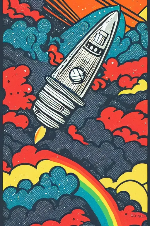 Image similar to mcbess illustration of a rocket ship , rainbow gouache