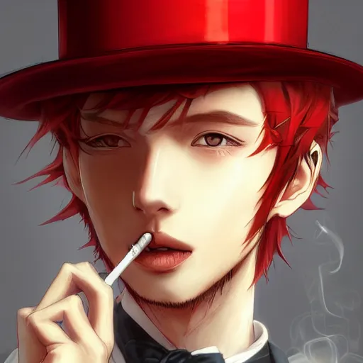 Prompt: semi realistic anime illustration of top hat wearing red haired man smoking a cigarette, with slight stubble, with beautiful hyperdetailed eyes, facing camera directly, full face portrait made by Stanley Artgerm, WLOP, Rossdraws, James Jean Andrei Riabovitchev, Marc Simonetti, Yoshitaka Amano, Artstation