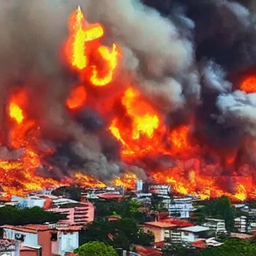 Prompt: a colombian city on fire photo - realistic