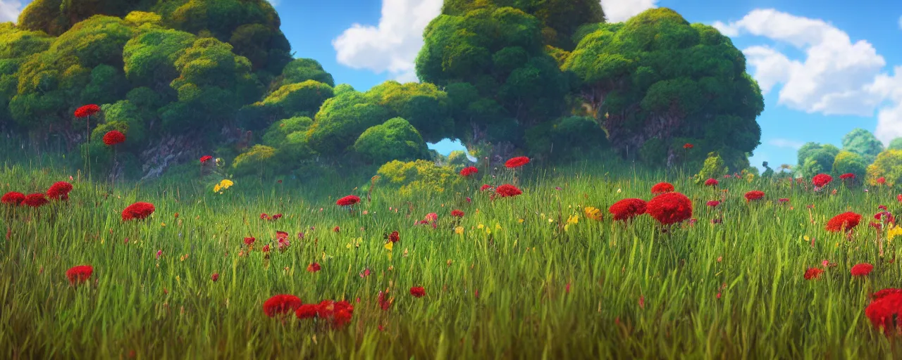 Prompt: a beautiful meadow landscape with large detailed bees flying between flowers, crimson - black beehive, happy trees, photorealistic, octane render, rtx, hdr, unreal engine, digital art widescreen 8 k in the style of studio ghibli and bob ross