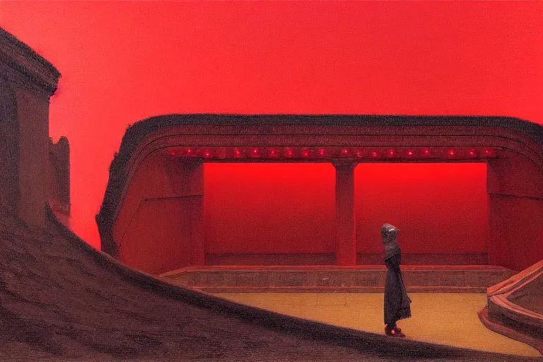 Image similar to only with red, a red great emperor, taormina amphitheatre, crowd with big smile, in the style of beksinski, parts by edward hopper, parts by rodcenko, parts by yue minjun, intricate and epic composition, red by caravaggio, insanely quality, highly detailed, masterpiece, red light, artstation, 4 k