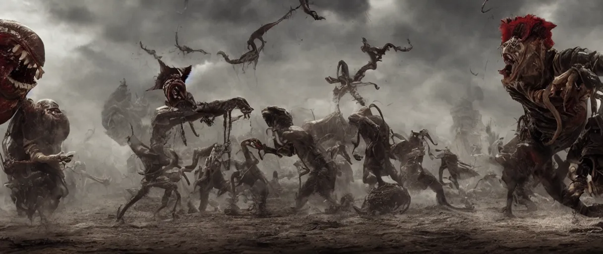 Image similar to pirates fighting giant screaming worm, cinematic atmosphere, maximized, high detail, 8k, ornate, dark fantasy, masterpiece, complex, film still from the movie directed by Denis Villeneuve