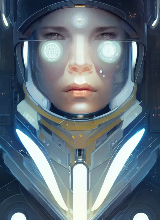 Image similar to symmetry!! portrait of space soldier, tech wear, scifi, glowing lights!! intricate elegant, highly detailed, digital painting, artstation, concept art, smooth, sharp focus, illustration, art by artgerm and greg rutkowski and alphonse mucha