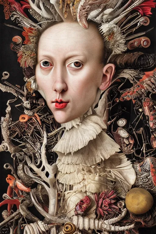 Image similar to Detailed maximalist portrait with large lips and with large white eyes, exasperated expression, botany bones, HD mixed media, 3D collage, highly detailed and intricate, surreal illustration in the style of Caravaggio, dark art, baroque