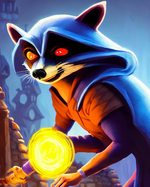 Image similar to closeup, highly detailed digital illustration portrait of hooded necromancer sly cooper rocket the raccoon casting a magical energy sparkling blue glowing spell in an ancient castle, action pose, d & d, magic the gathering, by rhads, frank frazetta, lois van baarle, jean - baptiste monge, disney, pixar,