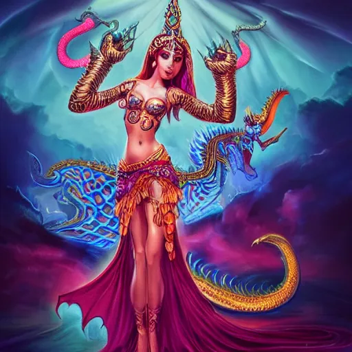 Prompt: photo of a cute female bellydancer dragon with 6 arms, anthropomorphic dragon, sharp focus, illustration, ultra real, masterpiece, glowing holy aura by magali villeneuve and magali villeneuve